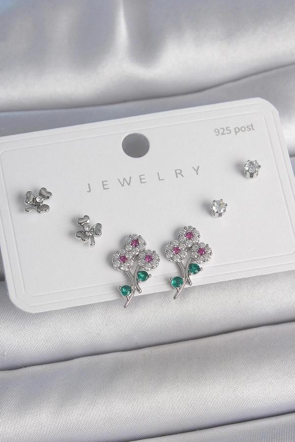 Pirinç Gümüş Renk Renkli Zirkon Taşlı Çiçek Model Yaprak Detay 925 Ayar Gümüş Çivi Kadın Küpe Seti - Image 1