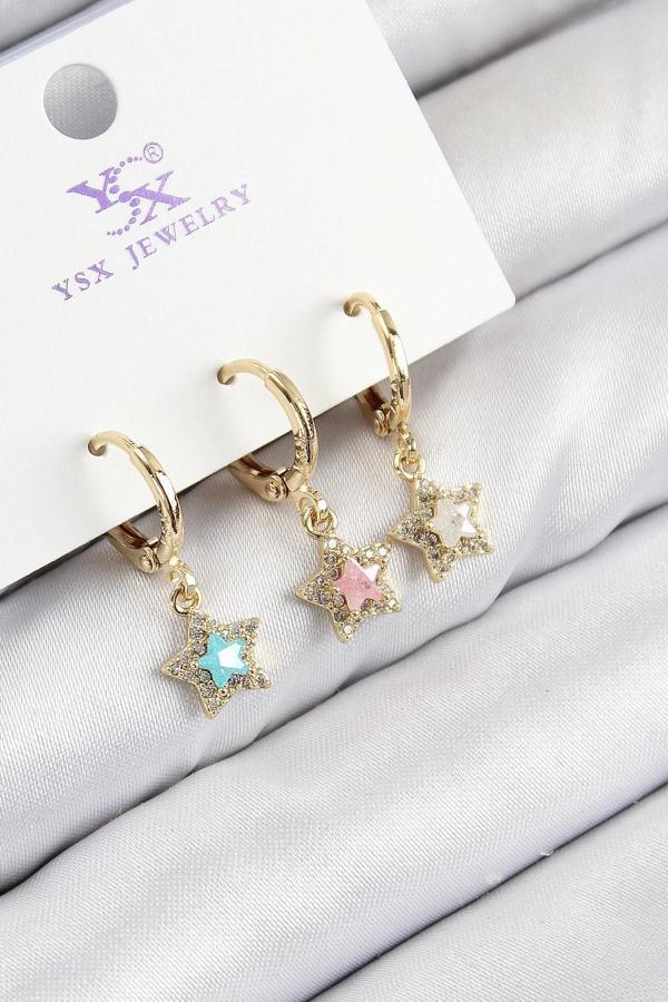 Pirinç Zirkon Taşlı 3'lü Renkli Yıldız Model Gold Renk Kadın Küpe - Image 1