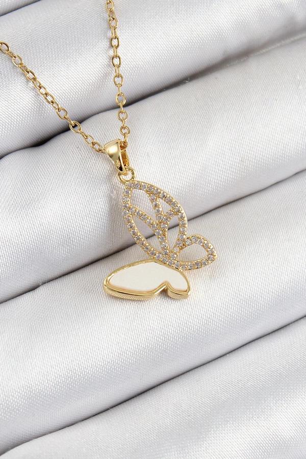 316L Çelik Zirkon Taşlı Kelebek Model Gold Renk Kadın Kolye - Image 1