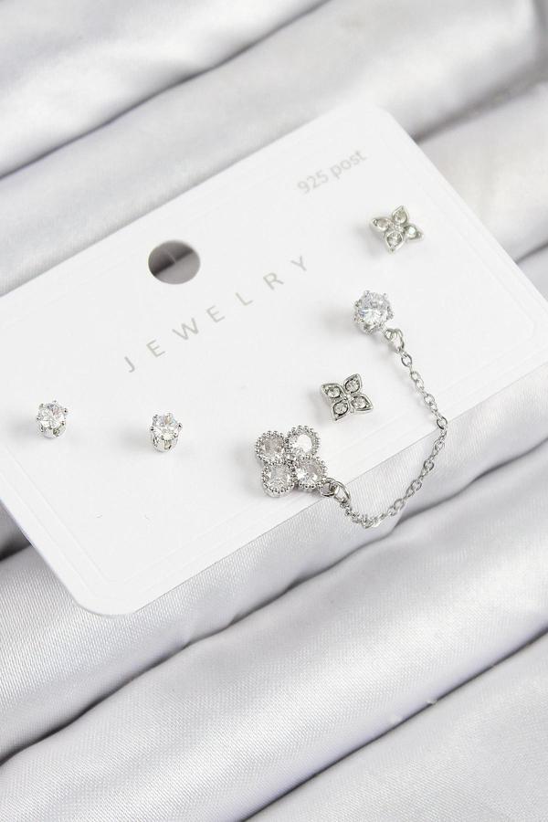 Pirinç Zirkon Taşlı Yonca Model Gümüş Renk 925 Ayar Gümüş Çivi Kadın Küpe Set - Image 1