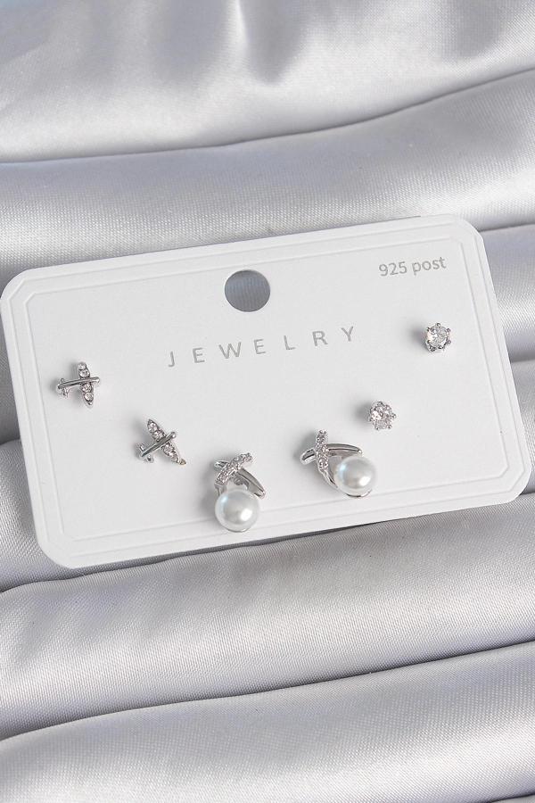 Pirinç Gümüş Renk Zirkon Taşlı Kelebek Model İnci Detay 925 Ayar Gümüş Çivi Kadın Küpe Seti - Image 1