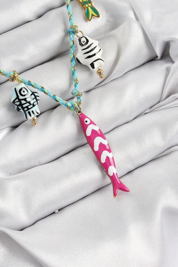 Seramik Motifli Pembe Balık Figürlü Model Mavi İp Kadın Kolye - Image 1