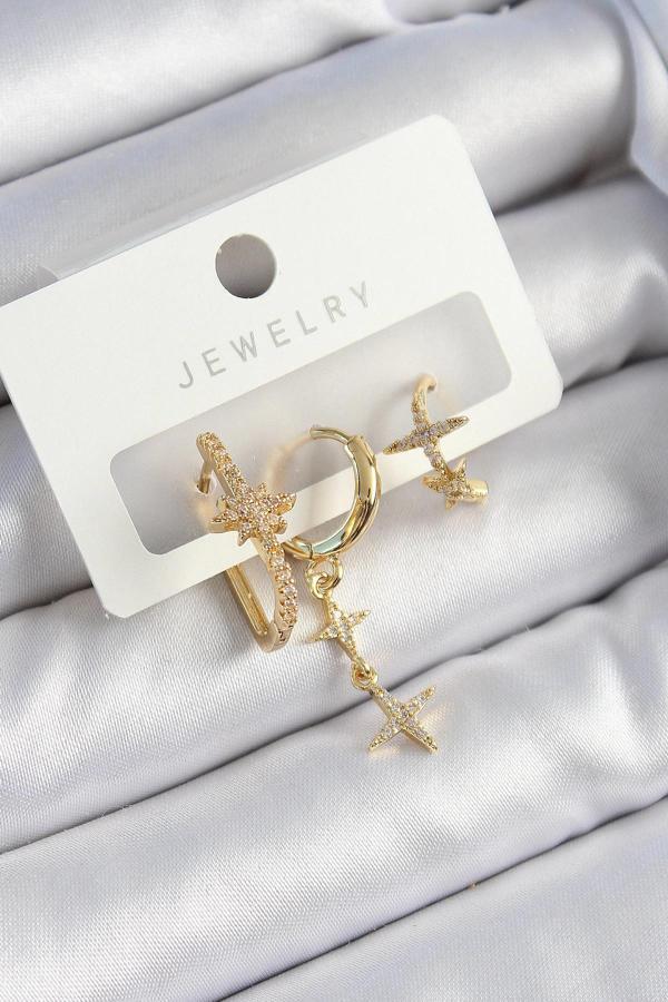 Pirinç Zirkon Taşlı Yıldız Model Gold Renk 3'lü Çift Kadın Küpe Set - Image 1