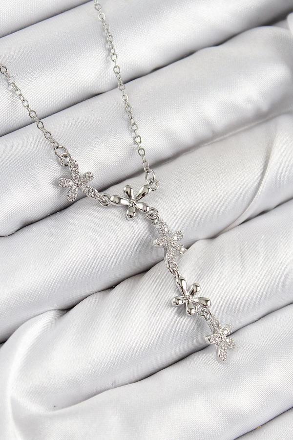 316L Çelik Zirkon Taşlı Çiçek Model Gümüş Renk Kadın Kolye - Image 1