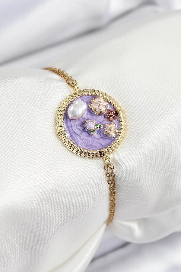 316L Çelik Zincir Mor Mineli Sanatsal Portre İnci Detaylı Çiçek Model Gold Renk Kadın Bileklik - Image 1