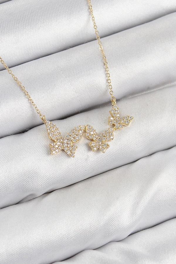 Pirinç Zirkon Taşlı Kelebek Model Gold Renk Kadın Kolye - Image 1