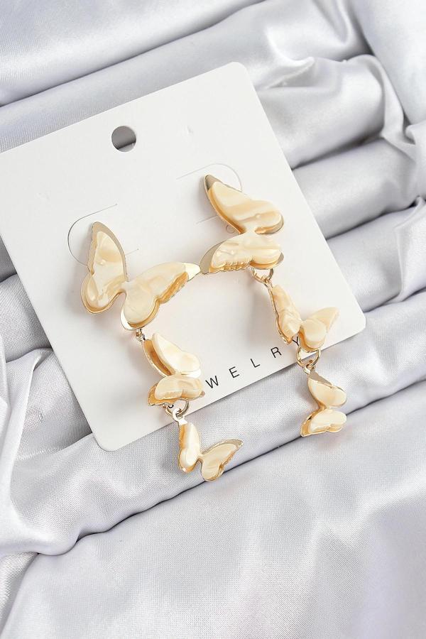 Pirinç Sedef Sallantılı Mermer Desenli Kelebek Model Gold Renk Vintage Kadın Küpe - Image 1