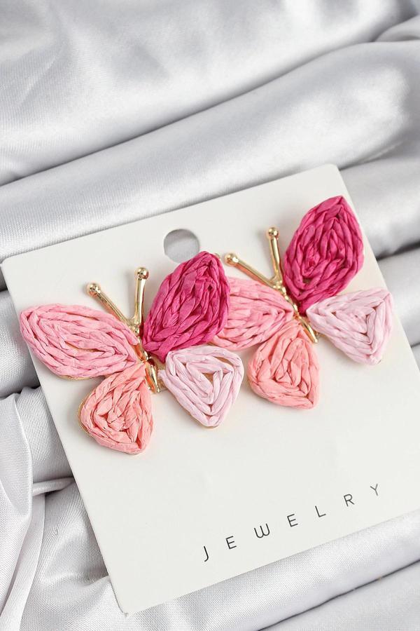 Pirinç Pembe Kelebek Model Gold Renk Kadın Hasır Küpe - Image 1