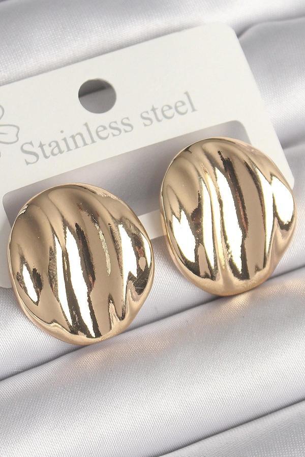 Pirinç Gold Renk İşlemeli Daire Plaka Model Kadın Küpe - Image 1