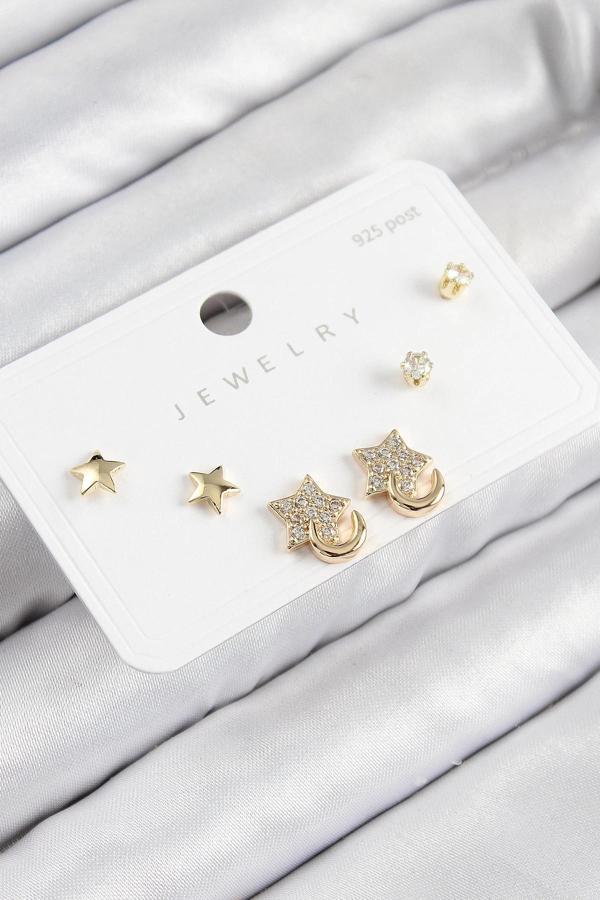 Pirinç Zirkon Taşlı Yıldız Model Gold Renk 925 Ayar Gümüş Çivi Kadın Küpe Set - Image 1