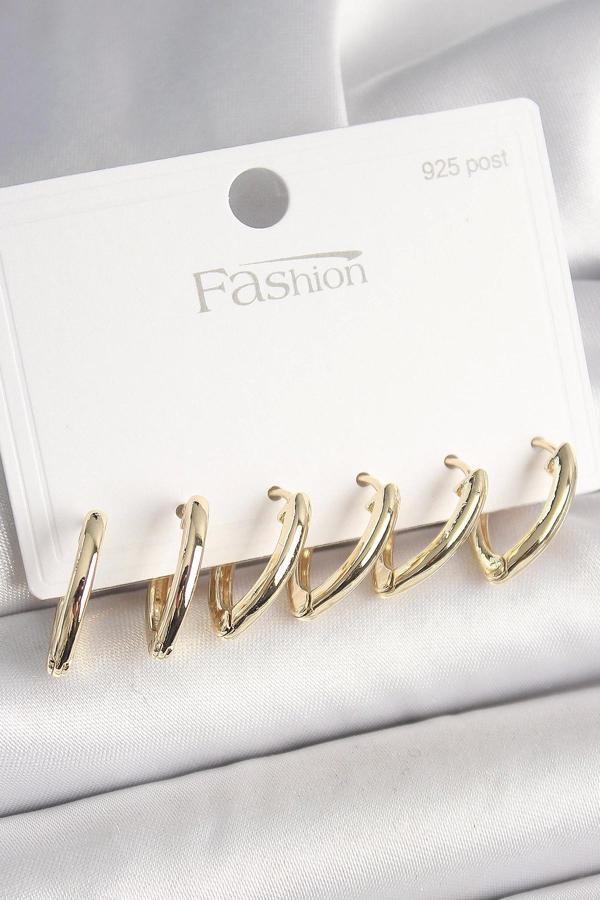 925 Ayar Gümüş Çivi Pirinç Gold Renk Üçgen Model Kadın Küpe Seti - Image 1