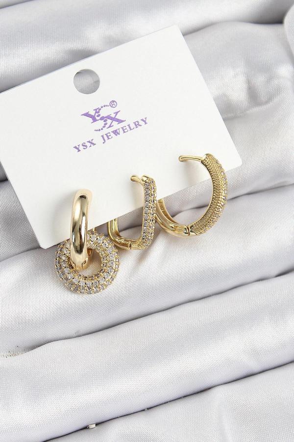 Pirinç Zİrkon Taşlı Halka Model Gold Renk 3'lü Kadın Küpe - Image 1
