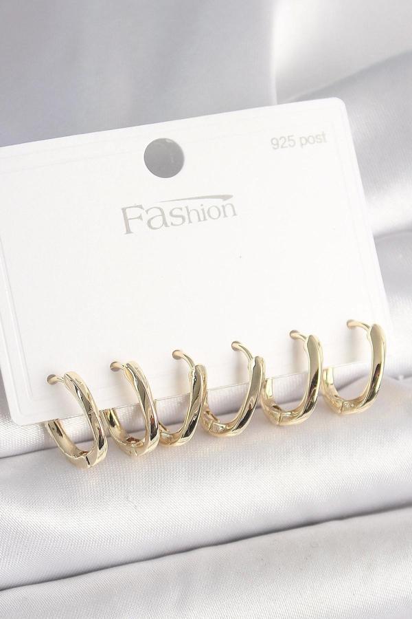 925 Ayar Gümüş Çivi Pirinç Gold Renk Oval Halka Model Kadın Küpe Seti - Image 1