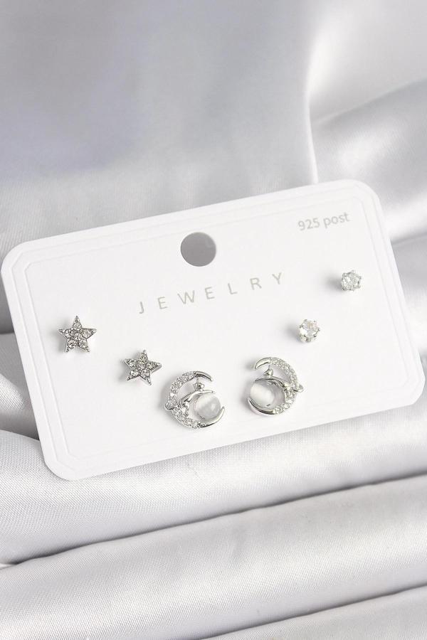 925 Ayar Gümüş Çivi Zirkon Taşlı Hilal Yıldız Model Kadın Küpe Seti - Image 1