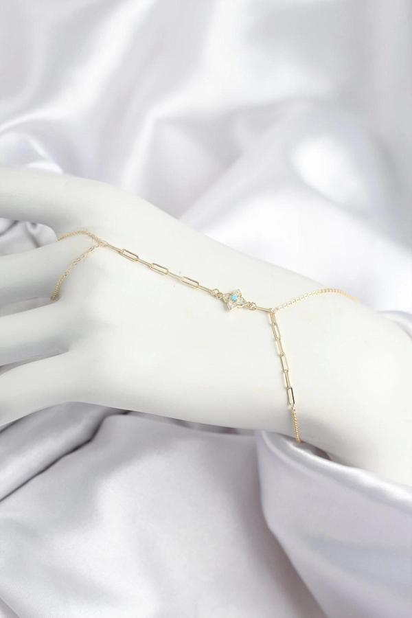 Pirinç Zirkon Taşlı Mavi Boncuklu Yonca Model Gold Renk Şahmeran - Image 1
