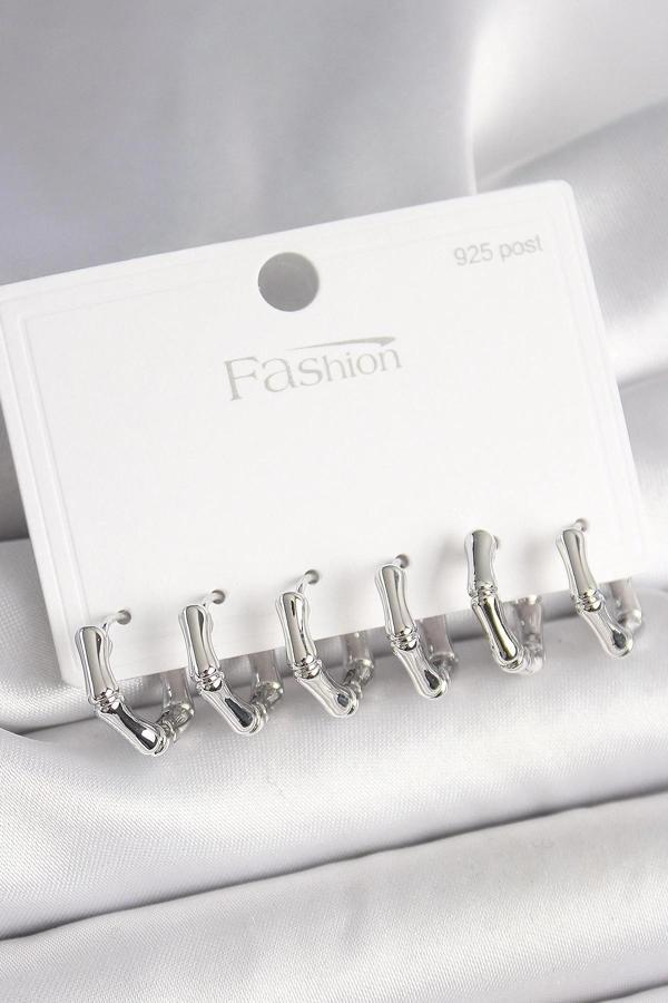 925 Ayar Gümüş Çivi Pirinç Gümüş Renk Bambu Halka Model Kadın Küpe Seti - Image 1