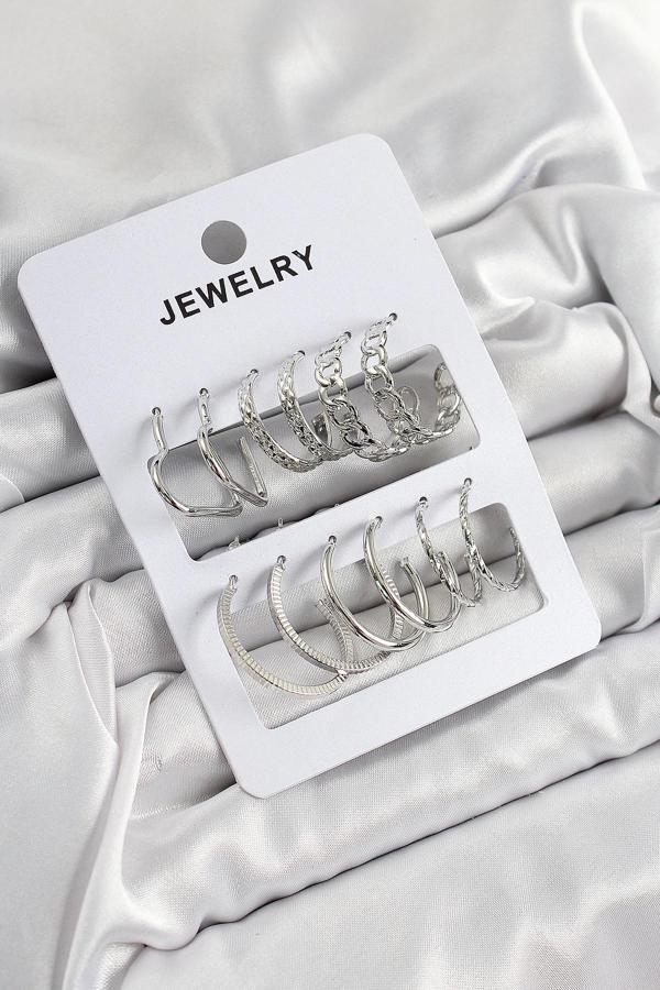 Pirinç Karışık Halka Model Gümüş Renk 6 Çift Kadın Küpe Set - Image 1