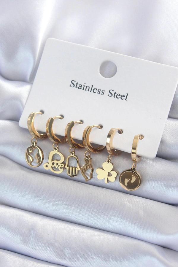 316L Çelik Gold Renk Çoklu Figür Model Kadın Küpe Seti - Image 1