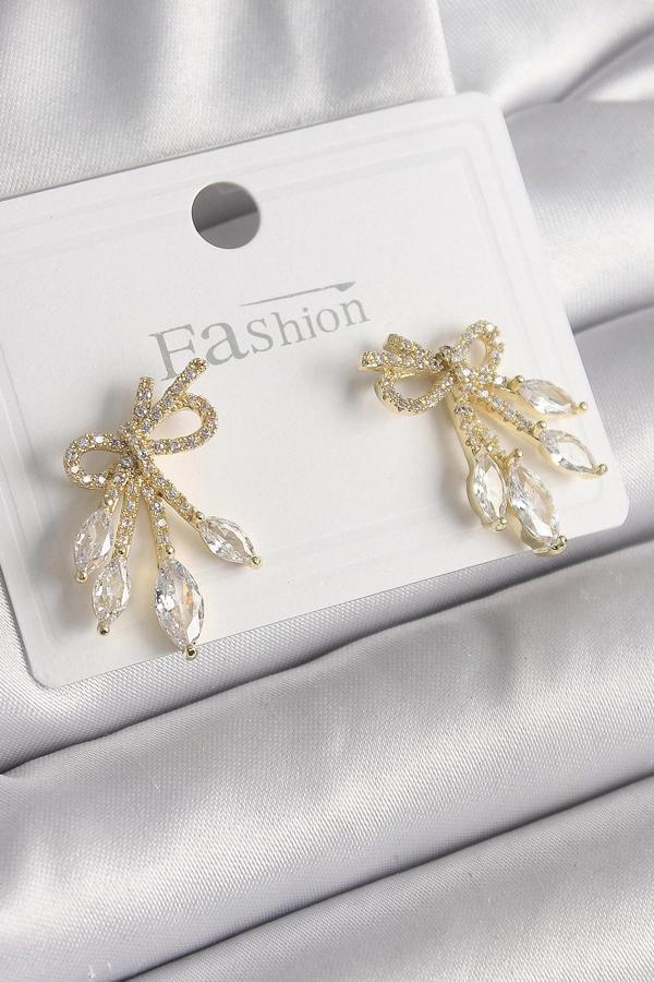 Pirinç Gold Renk Zirkon Taşlı Düğüm Model Damla Zirkon Taşlı Kadın Küpe - Image 1