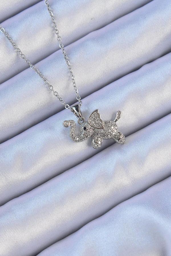 316L Çelik Zincir Gümüş Renk Zirkon Taşlı Fil Kolye - Image 1