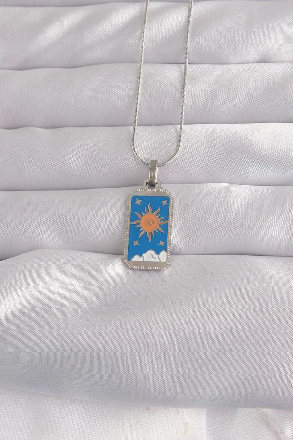 316L Çelik Gümüş Renk Mavi Mineli Güneş Model Tarot Kolye - Image 1