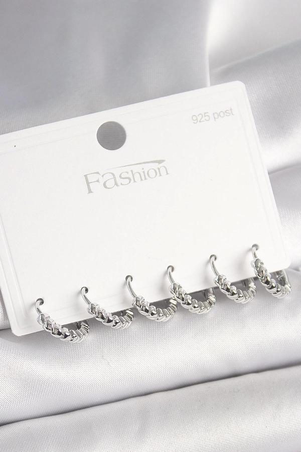 925 Ayar Gümüş Çivi Pirinç Gümüş Renk Kalp İşlemeli Halka Model Kadın Küpe Seti - Image 1