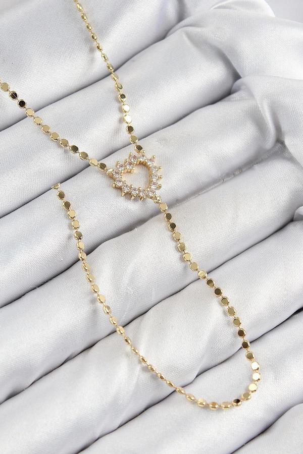 Pirinç Zirkon Taşlı Ezme Zincirli Kalp Model Gold Renk Y Kolye - Image 1