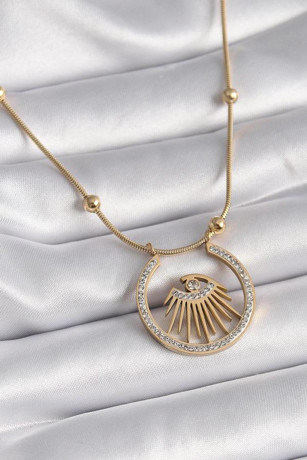 316L Çelik Gold Renk Zirkon Taşlı Göz Model Kadın Kolye - Image 1