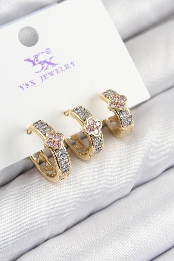 Pirinç Zirkon Taşlı 3'lü Halka Yonca Model Gold Ve Gümüş Renk Kadın Küpe - Image 1