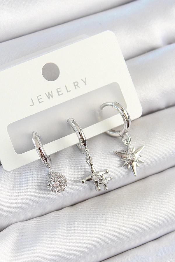 Pirinç Zirkon Taşlı Kutup Yıldızı Model Gümüş Renk 3'lü Çift Kadın Küpe Set - Image 1