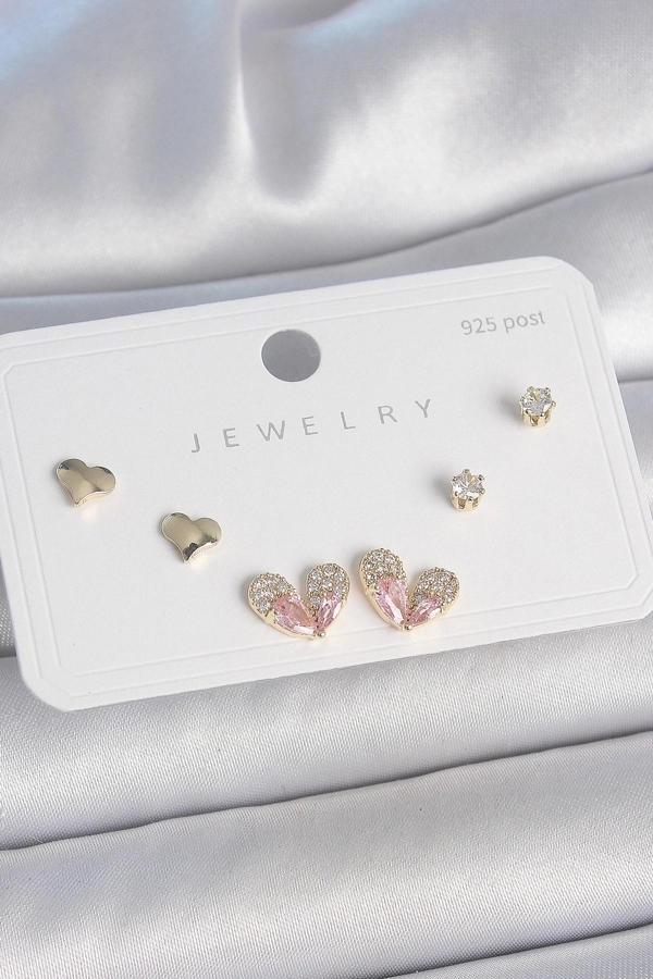 Pirinç Gold Renk Pembe Zirkon Taşlı Kalp Model 925 Ayar Gümüş Çivi Kadın Küpe Seti - Image 1
