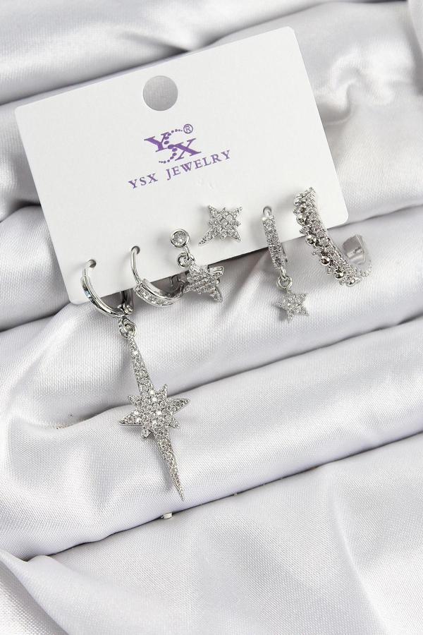 Pirinç Zİrkon Taşlı Kutup Yıldızı Model Gümüş Renk 3'lü Çift Kadın Küpe - Image 1