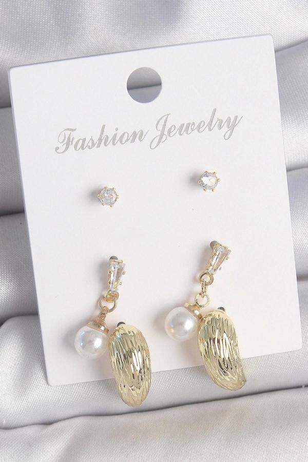 Pirinç Gold Renk Zirkon Taşlı İncili Sallantılı İşlemeli Damla Model 3 Çift Kadın Küpe Seti - Image 1