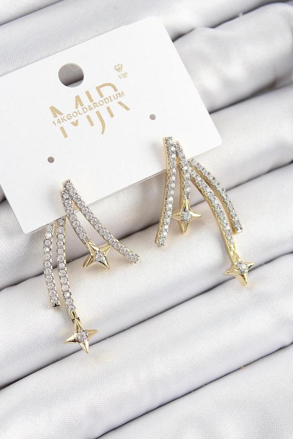 Pirinç Zirkon Taşlı Kayan Yıldız Model Gold Ve Gümüş Renk Kadın Küpe - Image 1