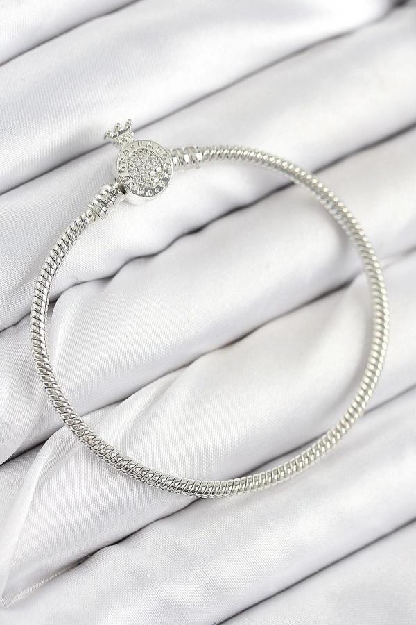 Pirinç Charm Zirkon Taşlı Taç Model Gümüş Renk Kadın Bileklik - Image 1