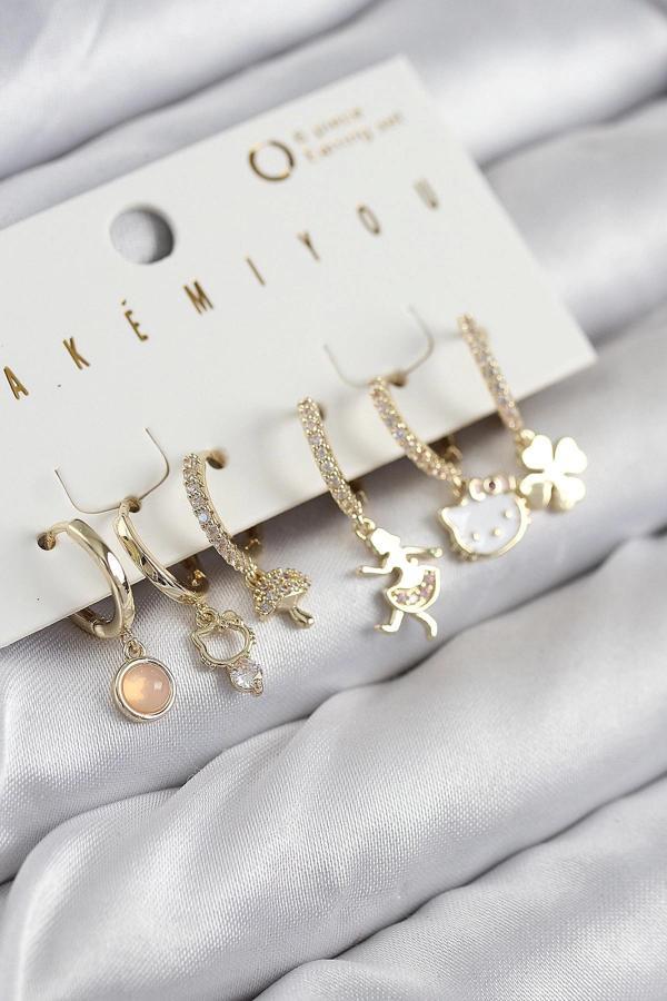 Pirinç Zirkon Taşlı Hello Kity Ve Yonca Model Gold Renk 6'lı Küpe Set - Image 1