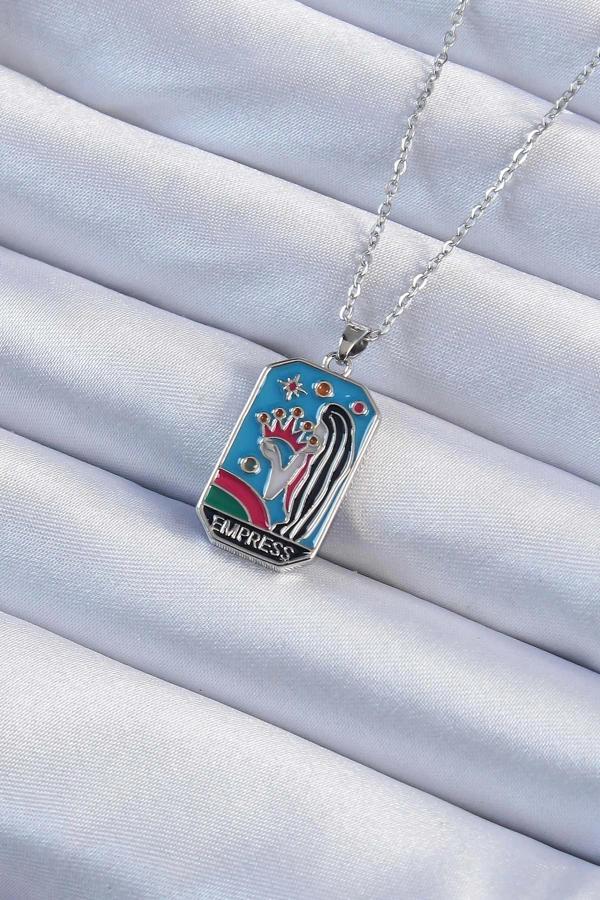 316L Çelik Zincir Gümüş Renk Taç ve Kız Figürlü Renkli Mineli Tarot Kolye - Image 1