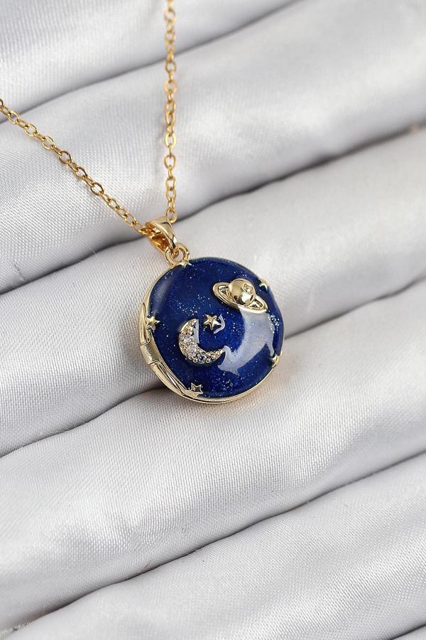 316L Çelik Zirkon Taşlı Açılabilr Kapaklı Gezegen Model Gold Renk Kadın Kolye - Image 1