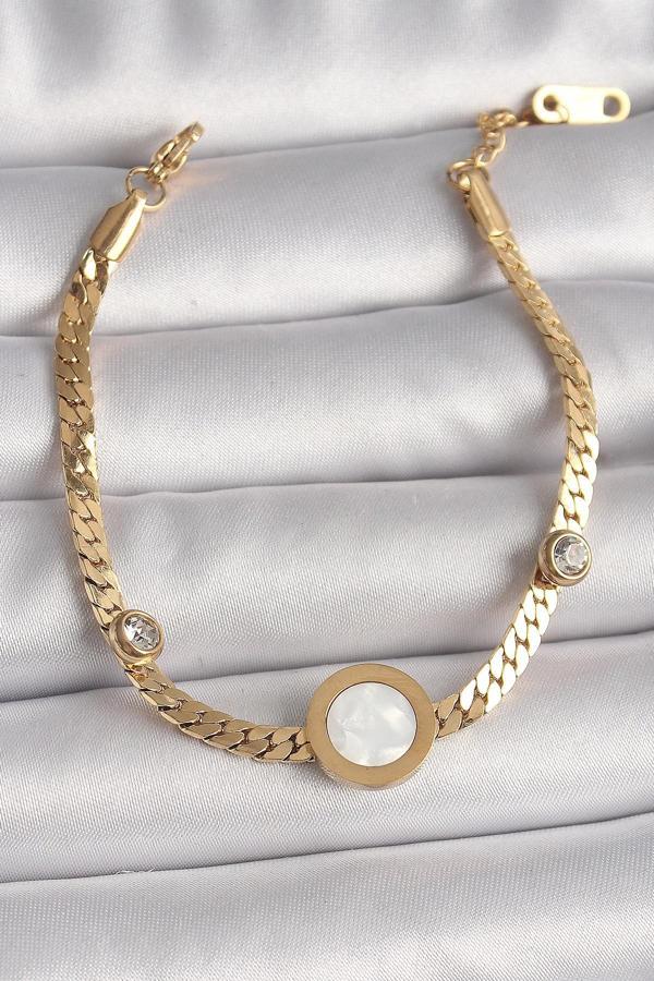 316L Çelik Gold Renk Yassı Zincir Model Zirkon Taş Detaylı Beyaz Mineli Madalyon Model Kadın Bilekli - Image 1