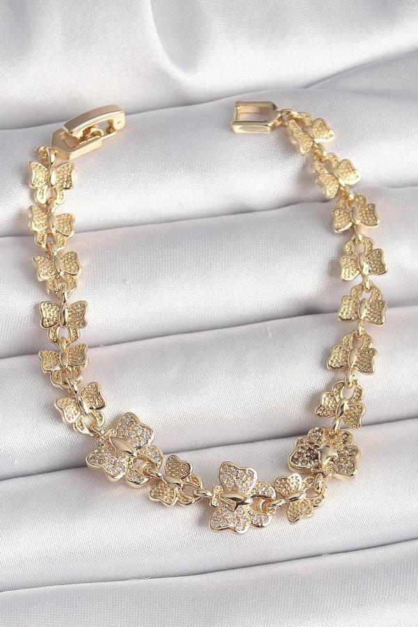 Pirinç Gold Renk Zirkon Taşlı Kelebek Model Zincir Kadın Bileklik - Image 1