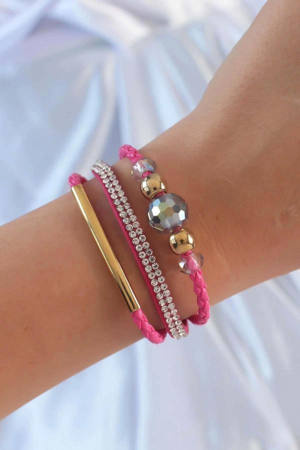 Pembe Renk Zirkon Taşlı Deri Çoklu Bileklik - Image 1