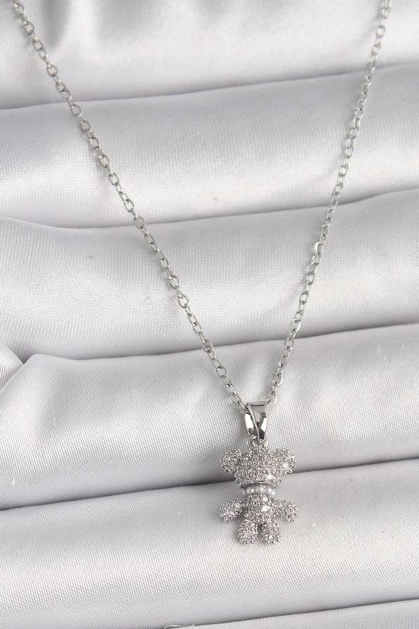 316L Çelik Gümüş Renk Zincir Zirkon Taşlı Ayıcık Figür Kadın Kolye - Image 1