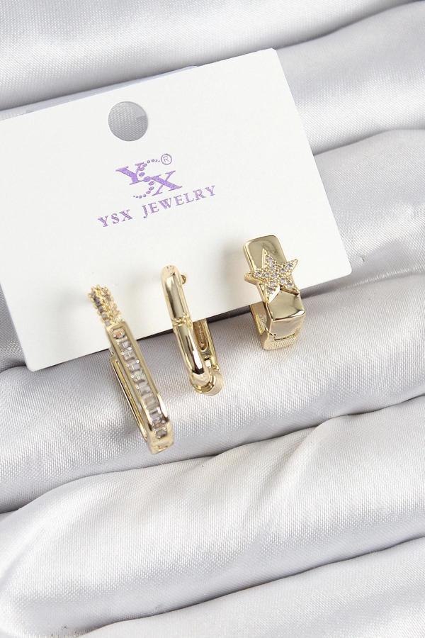 Pirinç Zİrkon Taşlı Yıldız Model Gold Renk 3'lü Kadın Küpe - Image 1