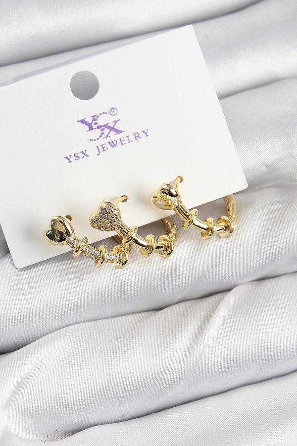 Pirinç Zİrkon Taşlı Kalp Model Gold Renk 3'lü Kadın Küpe - Image 1