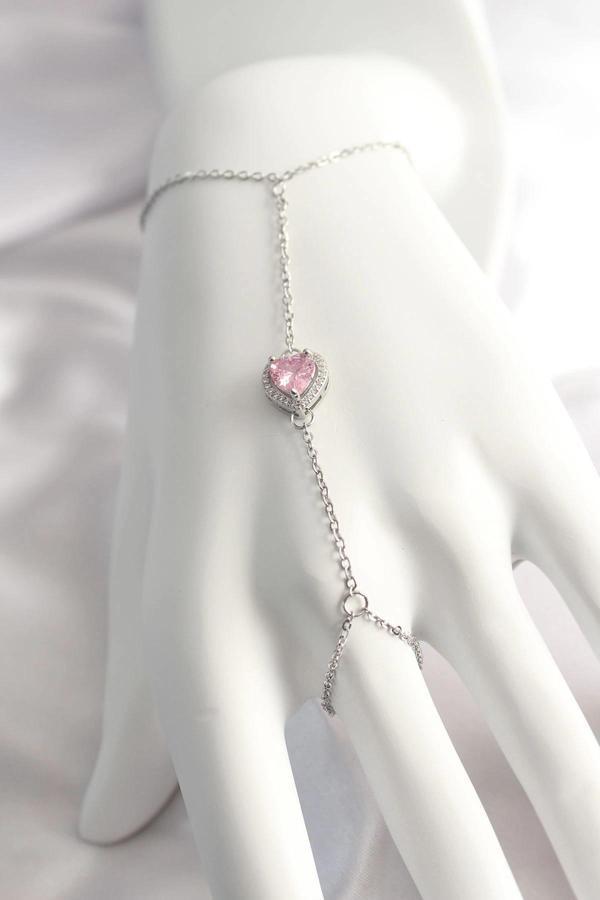 316L Çelik Gümüş Renk Pembe Zirkon Taşlı Kalp Şahmeran - Image 1