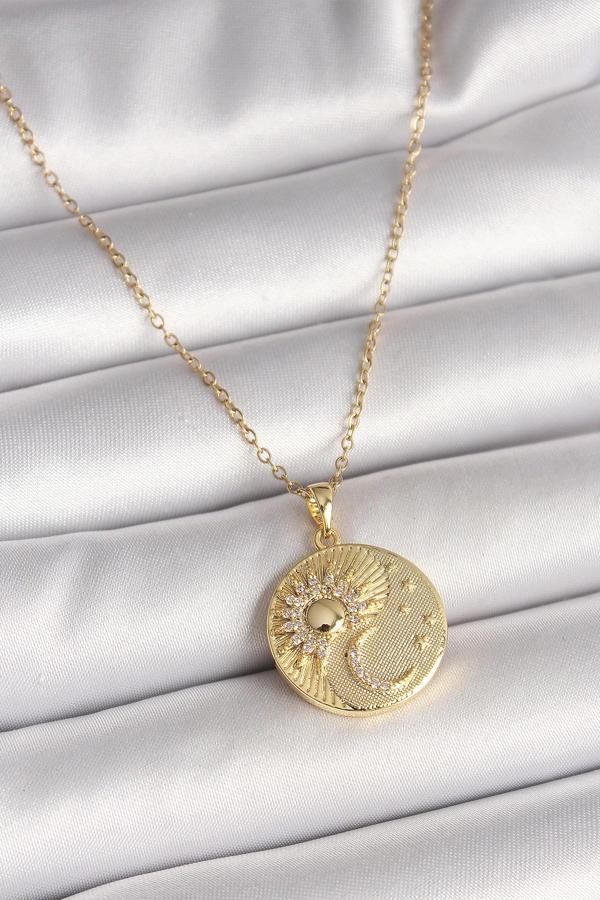 316L Çelik Gold Renk Zincir Zirkon Taşlı Ay Güneş İşlemeli Madalyon Model Kadın Kolye - Image 1