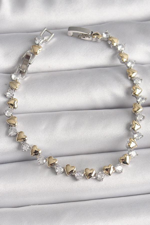Pirinç Gümüş Renk Zirkon Taşlı Gold Kalpli VIP Seri Kadın Bileklik - Image 1