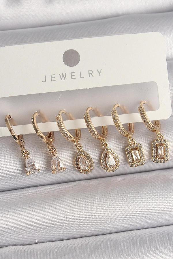 Pirinç Gold Renk Sallantı Zirkon Taşı Damla Model Kadın Küpe Seti - Image 1