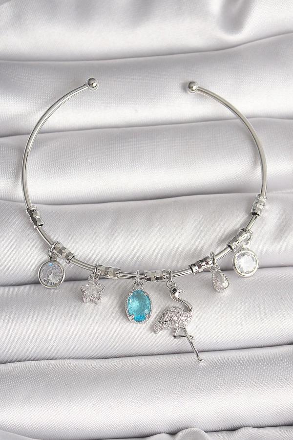 Pirinç Gümüş Renk Sallantı Zirkon Taşlı Filaminga Figür Charm Kadın Bileklik - Image 1