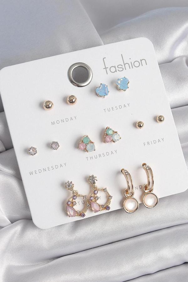 Pirinç Gold Renk Zirkon Taşlı Sallantı Halka Figür Kalp Detay 7 Çift Kadın Küpe - Image 1